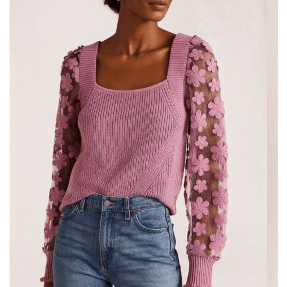 INDUSTRY Republic Pink Cotton Knit Sweater Sheer‎ Floral Applique Sleeve Small